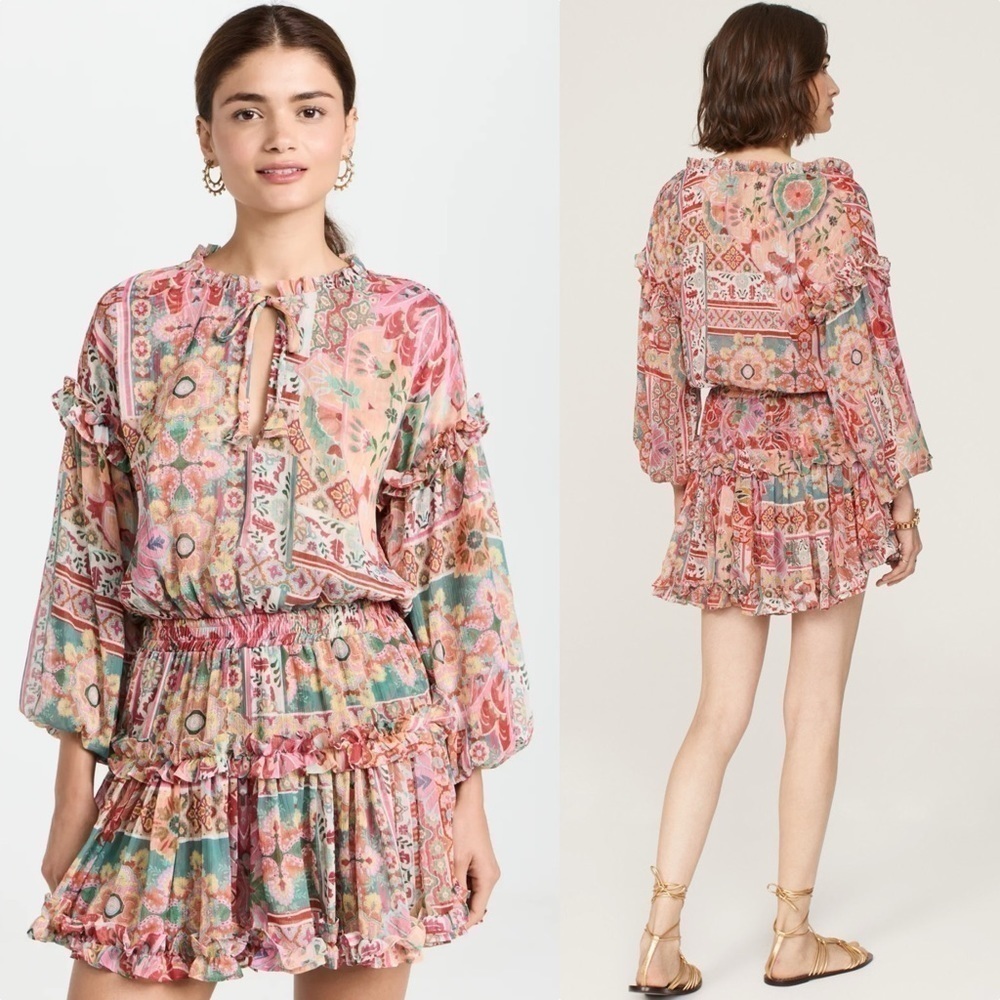 MISA Chiffon Puff Long Sleeve Tassel Tie Neck Smocked Waist Tier Ruffle Dress XS - Picture 9 of 16